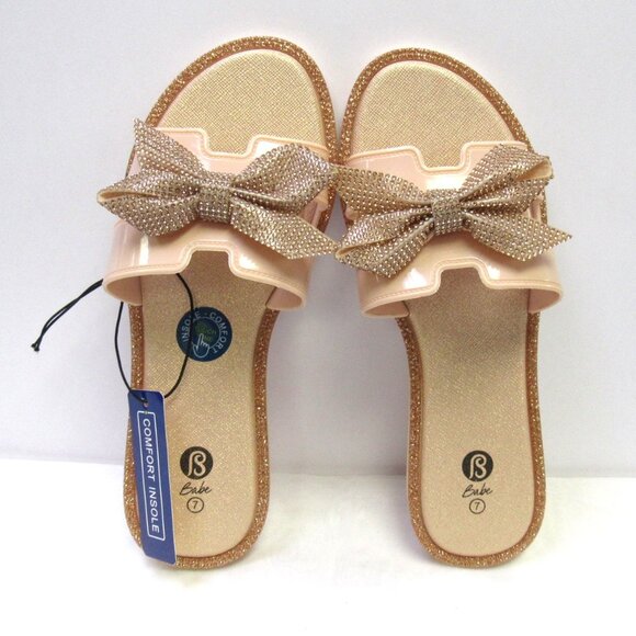 Rose Gold Embellished Bow Design Dressy Summer Sandals Slides Various Sizes NWT - Picture 1 of 6